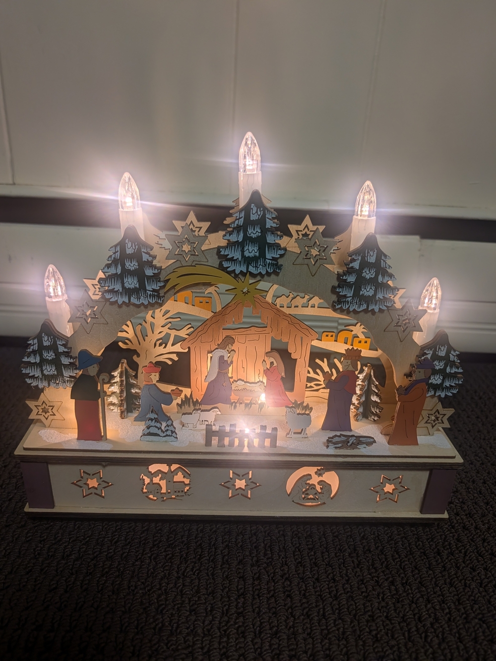 Wooden Nativity LED Holiday Decoration - White and Blue